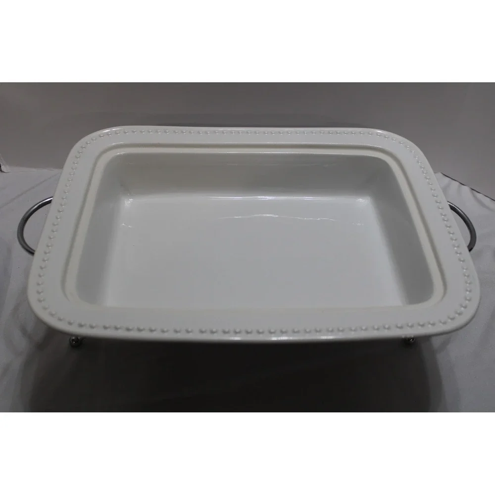 White Ceramic Rectangular Chafing Dish with Beaded Trim and Metal Stand